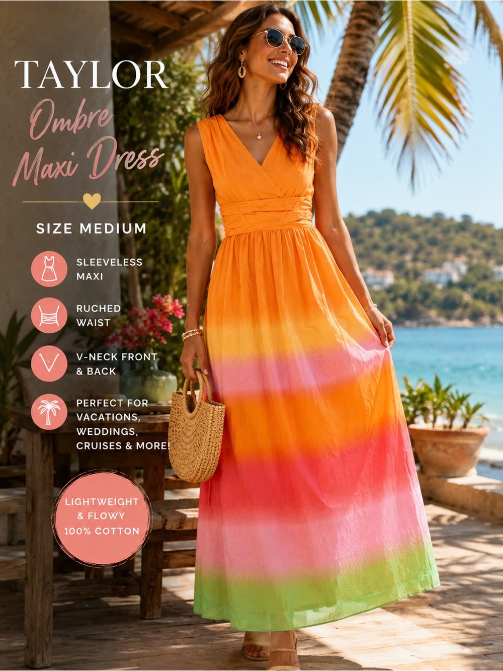 Taylor Sleeveless Ombre Maxi Dress Medium M Sunset Tropical Colors Boho Beach